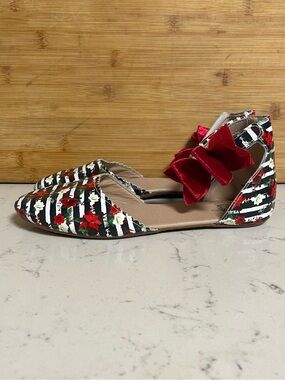 Leather D'Orsay Striped Floral Print Bow Strap Flats 8.5 Artsy Twee Rockabilly